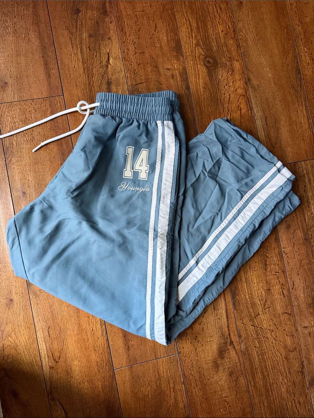 YoungLA Dusty Blue Track Pants with White Side Stripes and '14'